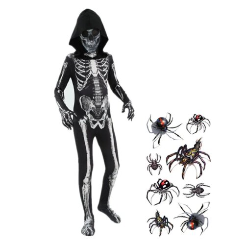 Barnkostym Halloween Skelett med Huva