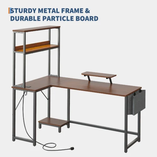 Hörnskrivbord L-format Med Hylla - Brun