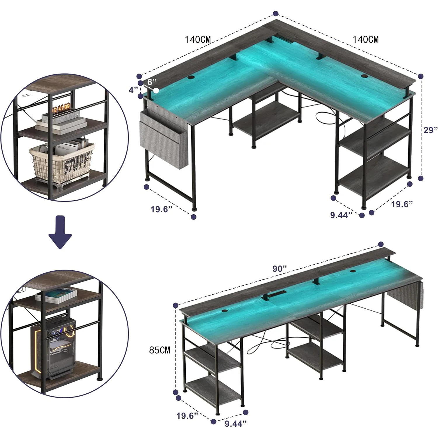 Gamingbord L-format Grå