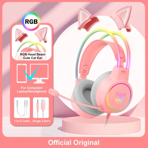 ONIKUMA X15 Pro Gaming Headset - Rosa (med kattöron)