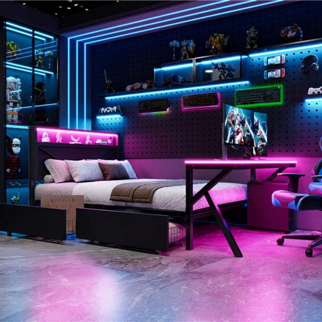 Spelsäng med LED och förvaring 140x200 cm