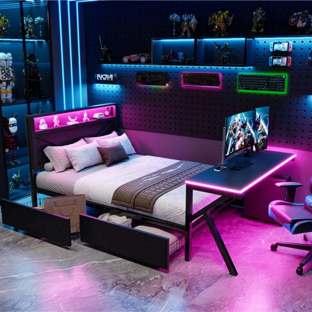 Spelsäng med LED och förvaring 140x200 cm